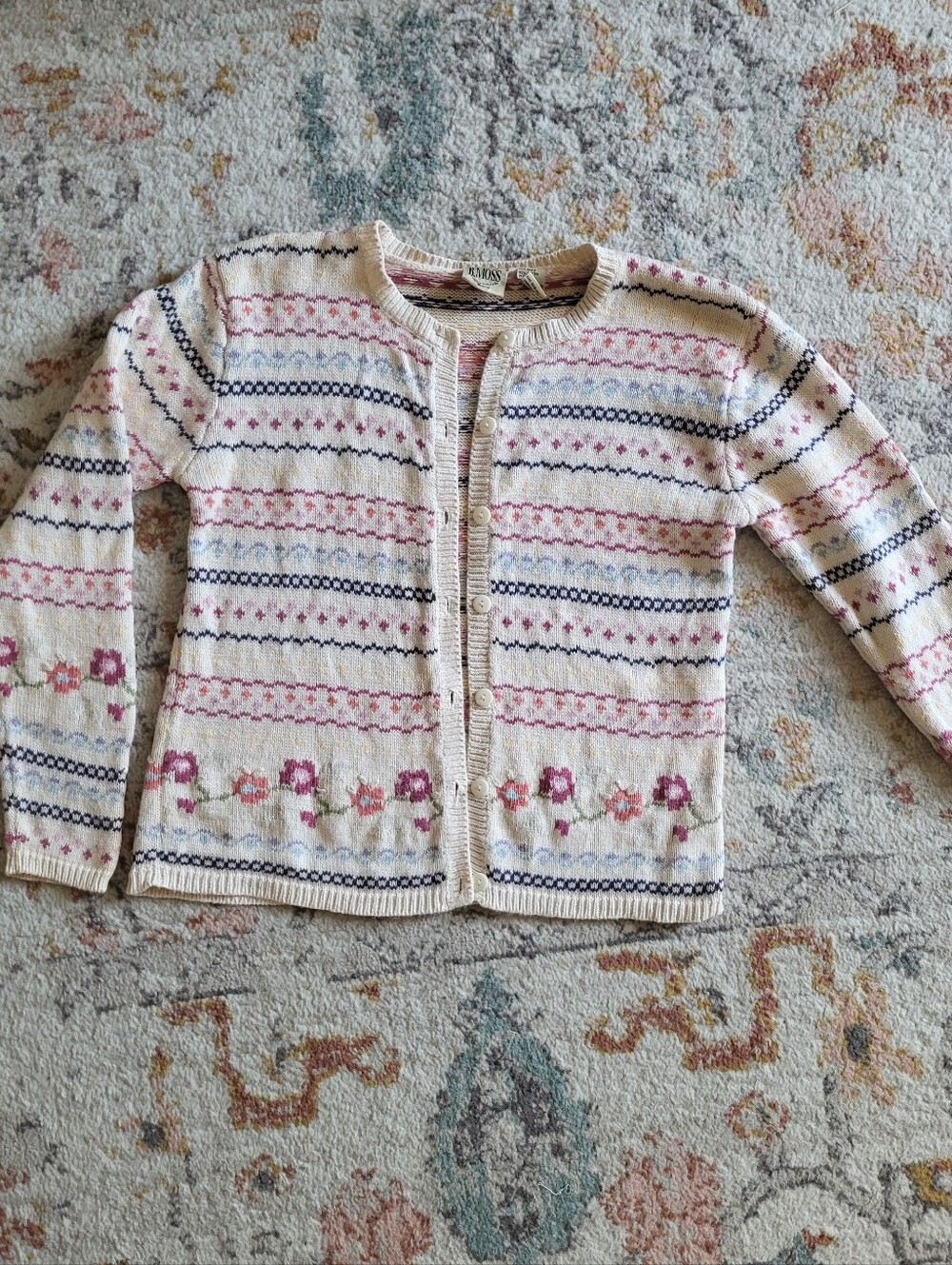 Vintage Heritage Knitwear B. Moss Fair Isle Fall Cream Cardigan with Pink Floral